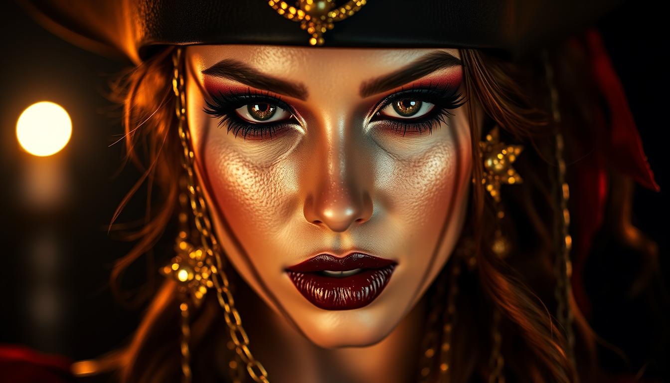 Glam-Piraten-Make-up für Frauen, die Gold und Glitzer lieben