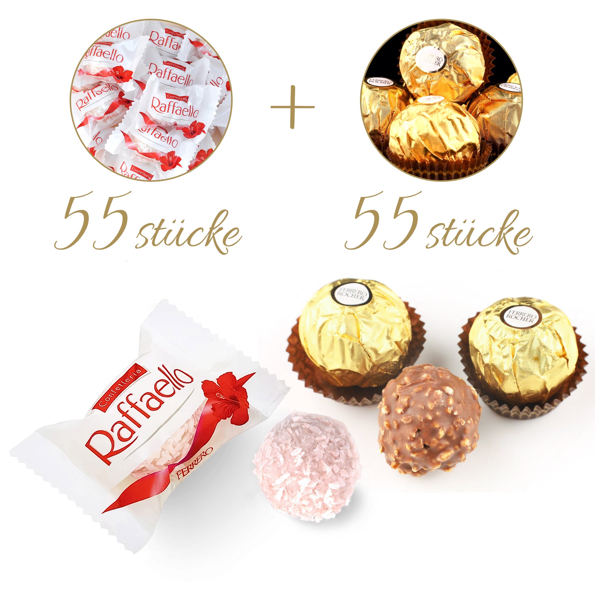 gefüllt mit 55stk Raffaello und 55stk Ferrero Rocher