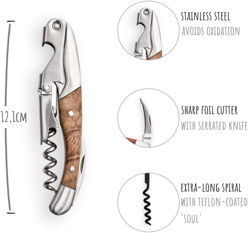Professioneller Korkenzieher Wein & Flaschen öffner, Sommelier & Laguiole Kellnermesser, Extralange Spirale mit Beschichtung, Doppelhebel Handling & Kapselheber